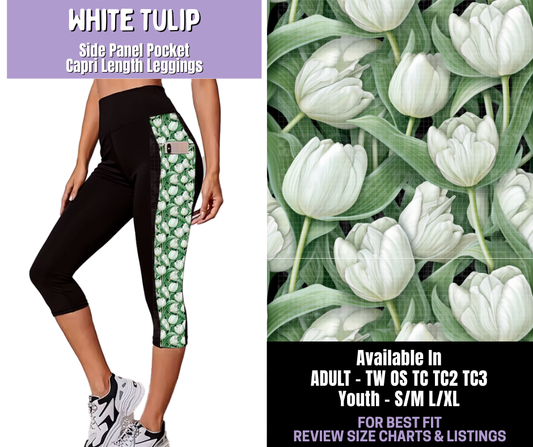 Preorder! Closes 1/22. ETA April. White Tulip Side Panel Pocket Capri Length Leggings