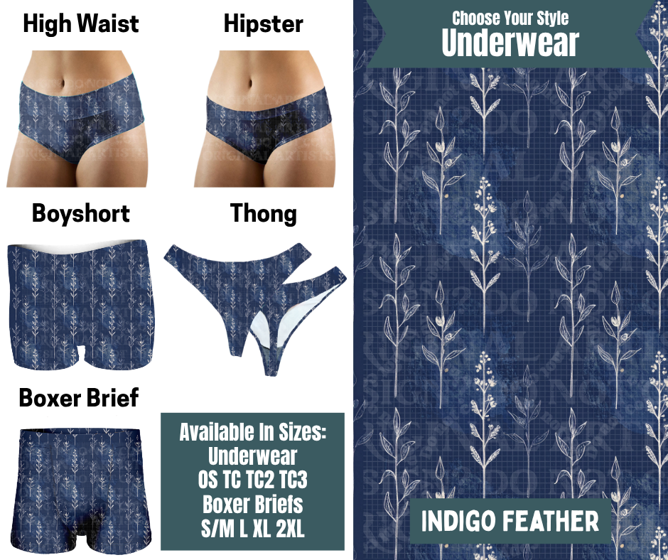 Preorder! Closes 9/30. ETA Dec. Indigo Feather Hipster, High Waist, Boyshort, & Thong Underwear & Boxer Briefs