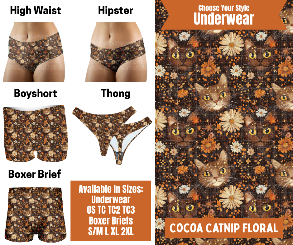 Preorder! Closes 7/30. ETA Oct. Cocoa Catnip Floral Hipster, High Waist, Boyshort, & Thong Underwear & Boxer Briefs
