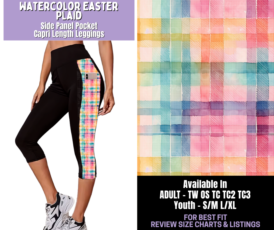 Preorder! Closes 1/22. ETA April. Watercolor Easter Plaid Side Panel Pocket Capri Length Leggings