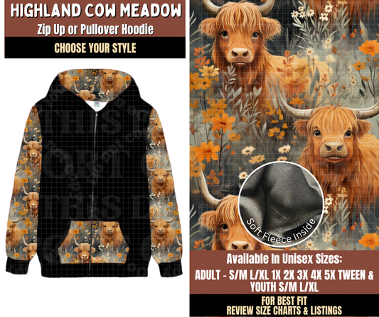 Preorder! Closes 7/27. ETA Oct. Highland Cow Meadow Zip-Up or Pullover Hoodie