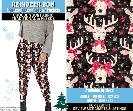 Preorder! Closes 8/28. ETA Nov. Reindeer Bow Leggings Choose Fleece or Traditional