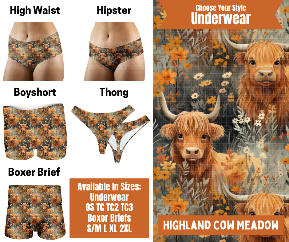 Preorder! Closes 7/30. ETA Oct. Highland Cow Meadow Hipster, High Waist, Boyshort, & Thong Underwear & Boxer Briefs