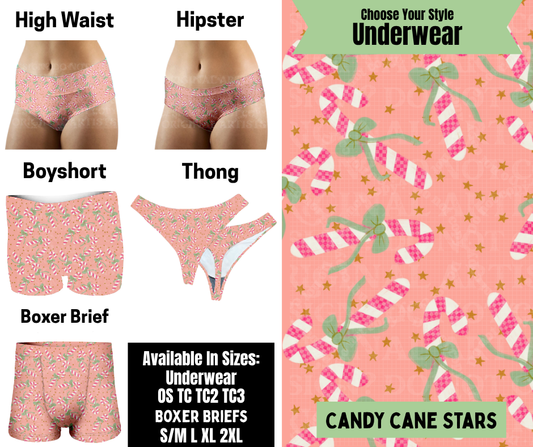 Preorder! Closes 8/25. ETA Nov. Candy Cane Stars Hipster, High Waist, Boyshort, & Thong Underwear & Boxer Briefs