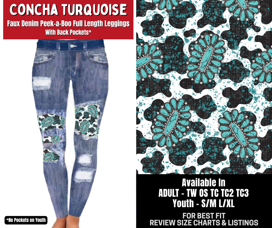 Preorder! Closes 10/26. ETA Jan. Concha Turquoise Full Length Faux Denim Peekaboo