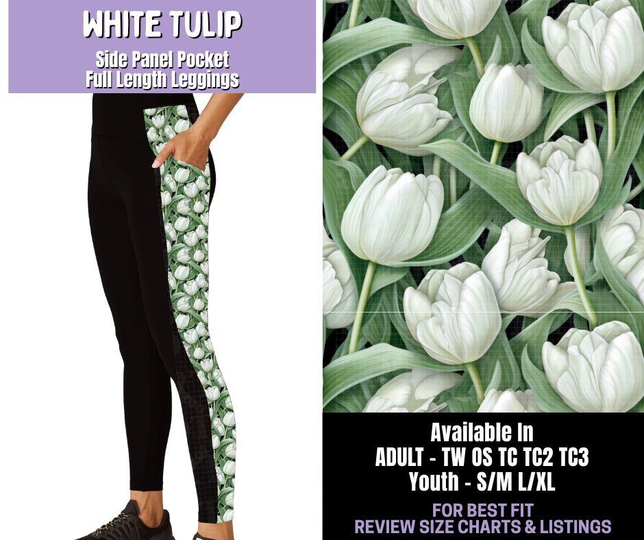 Preorder! Closes 1/22. ETA April. White Tulip Side Panel Pocket Full Length Leggings