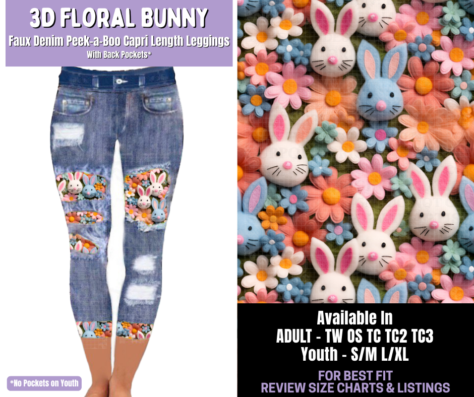Preorder! Closes 1/22. ETA April. 3D Floral Bunny Capri Faux Denim Peekaboo