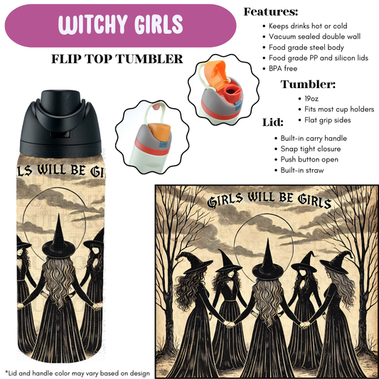 Preorder! Closes 4/8. ETA June. Witchy Girls Flip Top Tumbler