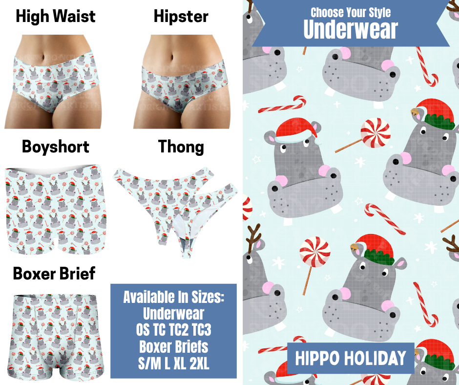 Preorder! Closes 8/26. ETA Nov. Hippo Holiday Hipster, High Waist, Boyshort, & Thong Underwear & Boxer Briefs