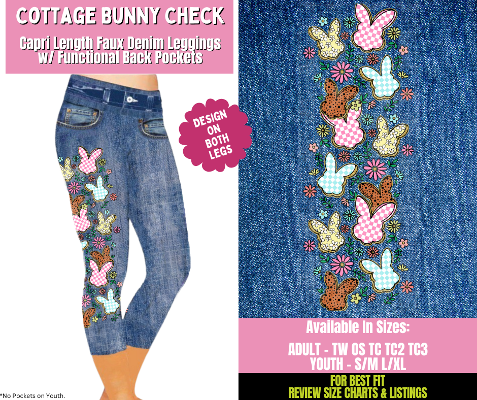 Preorder! Closes 1/21. ETA April. Cottage Bunny Check Capri Leggings w/ Side Leg Designs