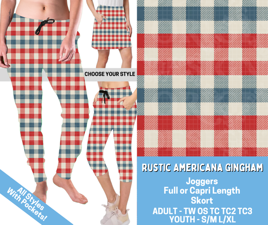 Preorder! Closes 4/16. ETA July. Rustic Americana Gingham Combo Jogger Lengths & Skort
