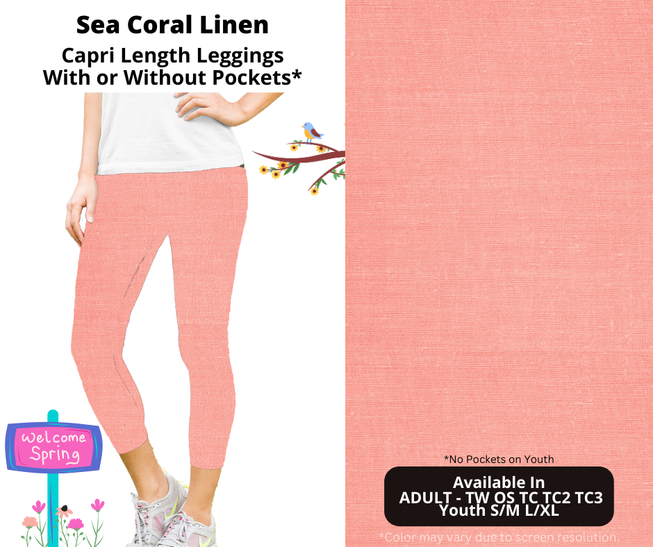 Preorder! Closes 1/8. ETA April. Sea Coral Linen Capri Leggings w/wo Pockets