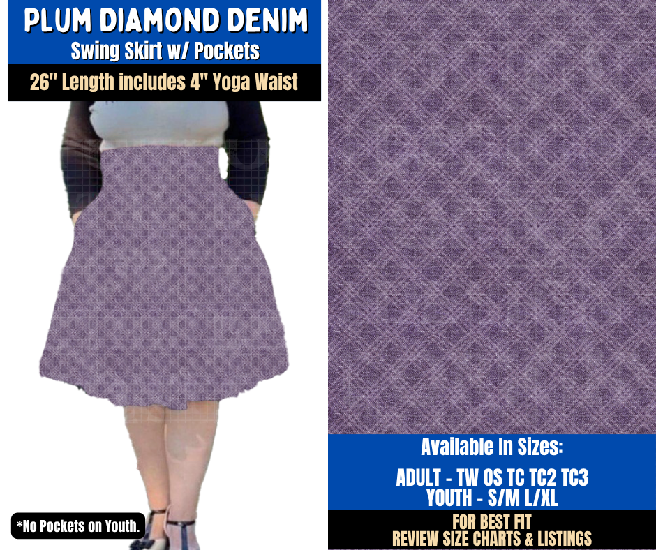 Preorder! Closes 9/16. ETA Dec. Plum Diamond Denim Swing Skirt