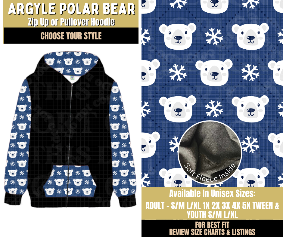 Preorder! Closes 9/9. ETA Dec. Argyle Polar Bear Zip-Up or Pullover Hoodie