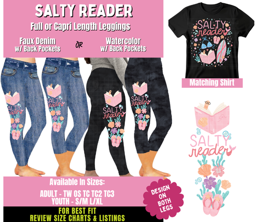 Preorder! Closes 4/23. ETA July. Salty Reader Combo Denim & Watercolor Side Designs Legging Lengths