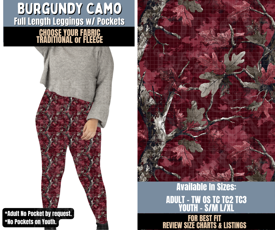 Preorder! Closes 9/24. ETA Dec. Burgundy Camo Full Length Leggings w/wo Pockets