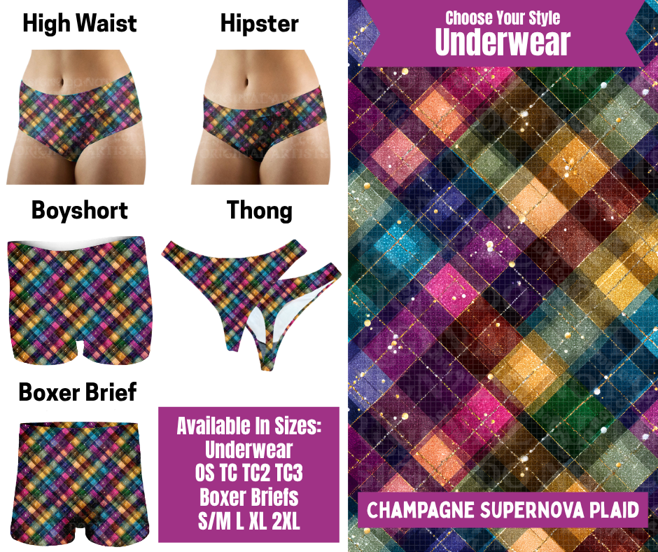 Preorder! Closes 6/24. ETA Sept. Champagne Supenova Plaid Hipster, High Waist, Boyshort, & Thong Underwear & Boxer Briefs