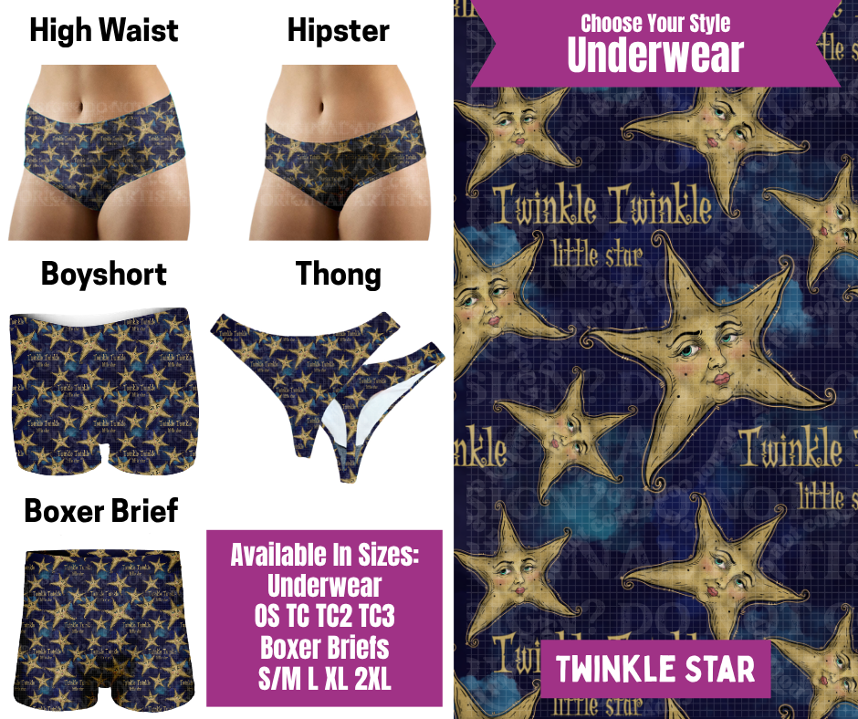 Preorder! Closes 6/24. ETA Sept. Twinkle Star Hipster, High Waist, Boyshort, & Thong Underwear & Boxer Briefs