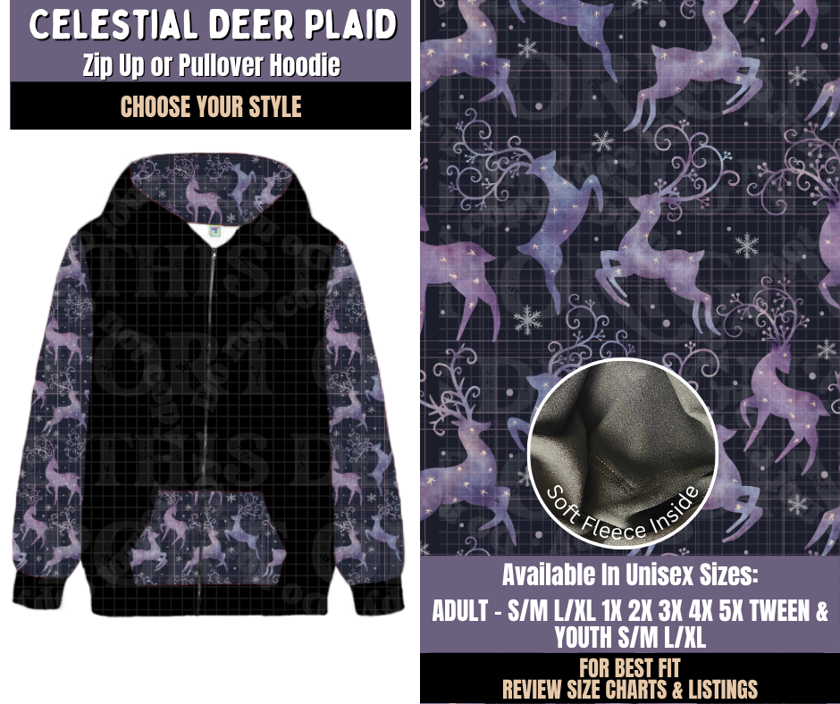 Preorder! Closes 9/3. ETA Dec. Celestial Deer Plaid Zip-Up or Pullover Hoodie