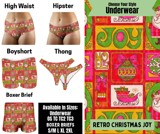 Preorder! Closes 8/25. ETA Nov. Retro Christmas Joy Hipster, High Waist, Boyshort, & Thong Underwear & Boxer Briefs