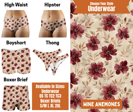 Preorder! Closes 7/30. ETA Oct. Wine Anemones Hipster, High Waist, Boyshort, & Thong Underwear & Boxer Briefs