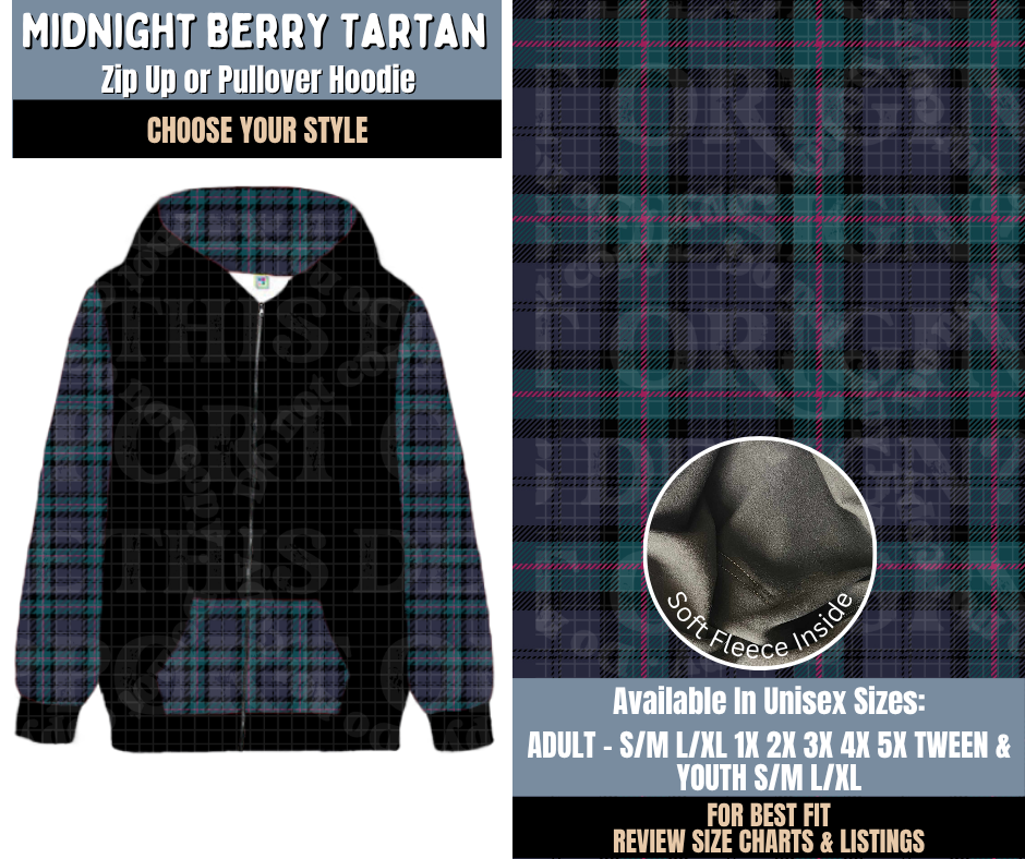 Preorder! Closes 9/24. ETA Dec. Midnight Berry Tartan Zip-Up or Pullover Hoodie