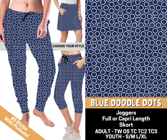 Preorder! Closes 5/25. ETA Aug. Blue Doodle Dots Combo Jogger Lengths & Skort