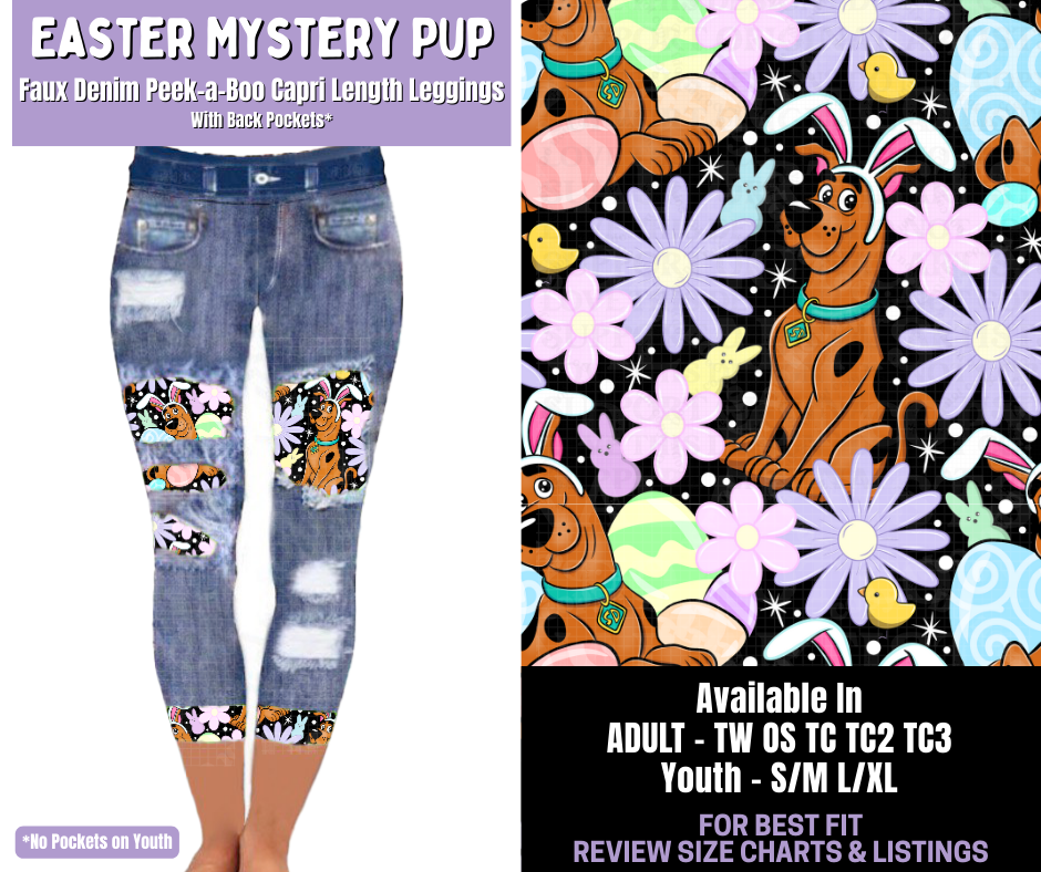 Preorder! Closes 1/22. ETA April. Easter Mystery Pup Capri Faux Denim Peekaboo