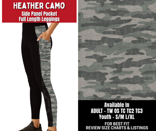 Preorder! Closes 10/26. ETA Jan. Heather Camo Side Panel Pocket Full Length Leggings