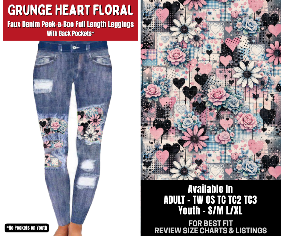 Preorder! Closes 10/26. ETA Jan. Grunge Heart Floral Full Length Faux Denim Peekaboo