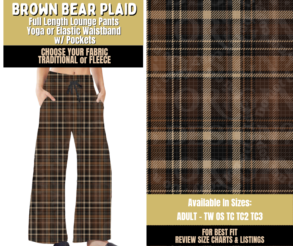 Preorder! Closes 9/9. ETA Dec. Brown Bear Plaid Lounge Pants Choose Fleece or Traditional