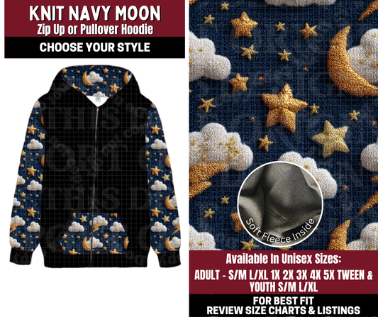 Preorder! Closes 10/22. ETA Jan. Knit Navy Moon Zip-Up or Pullover Hoodie