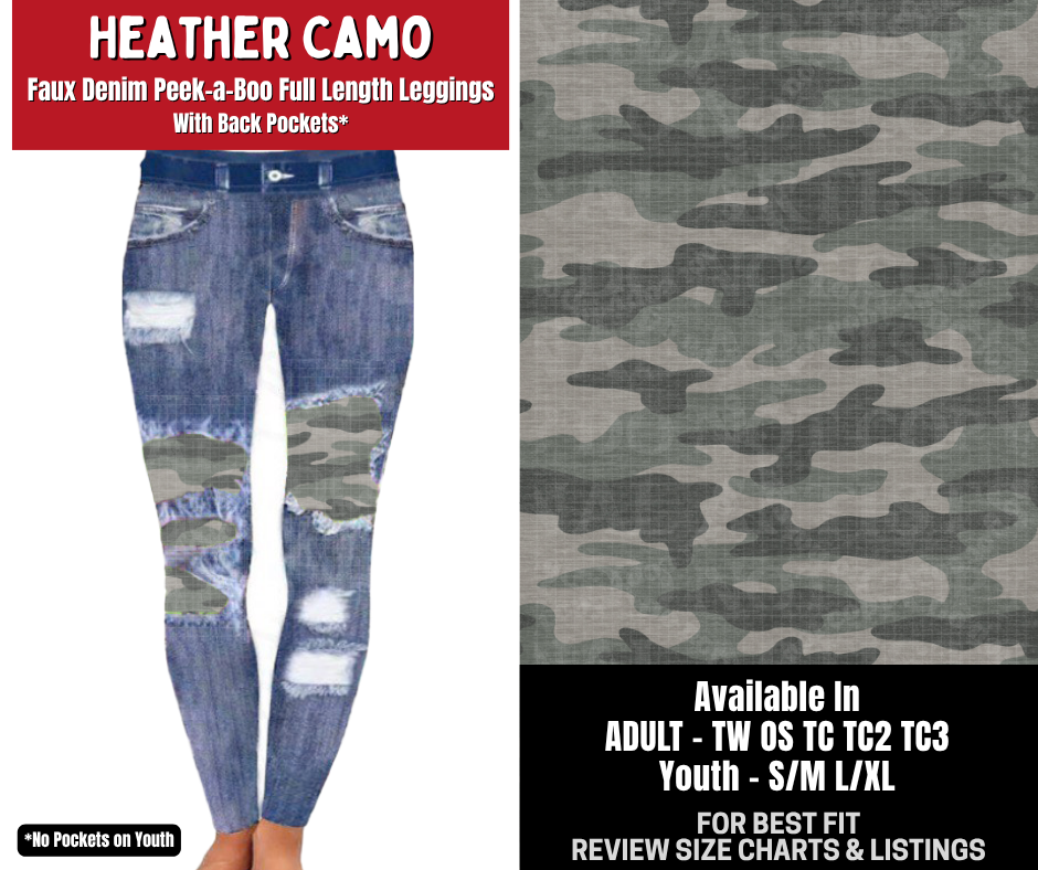 Preorder! Closes 10/26. ETA Jan. Heather Camo Full Length Faux Denim Peekaboo