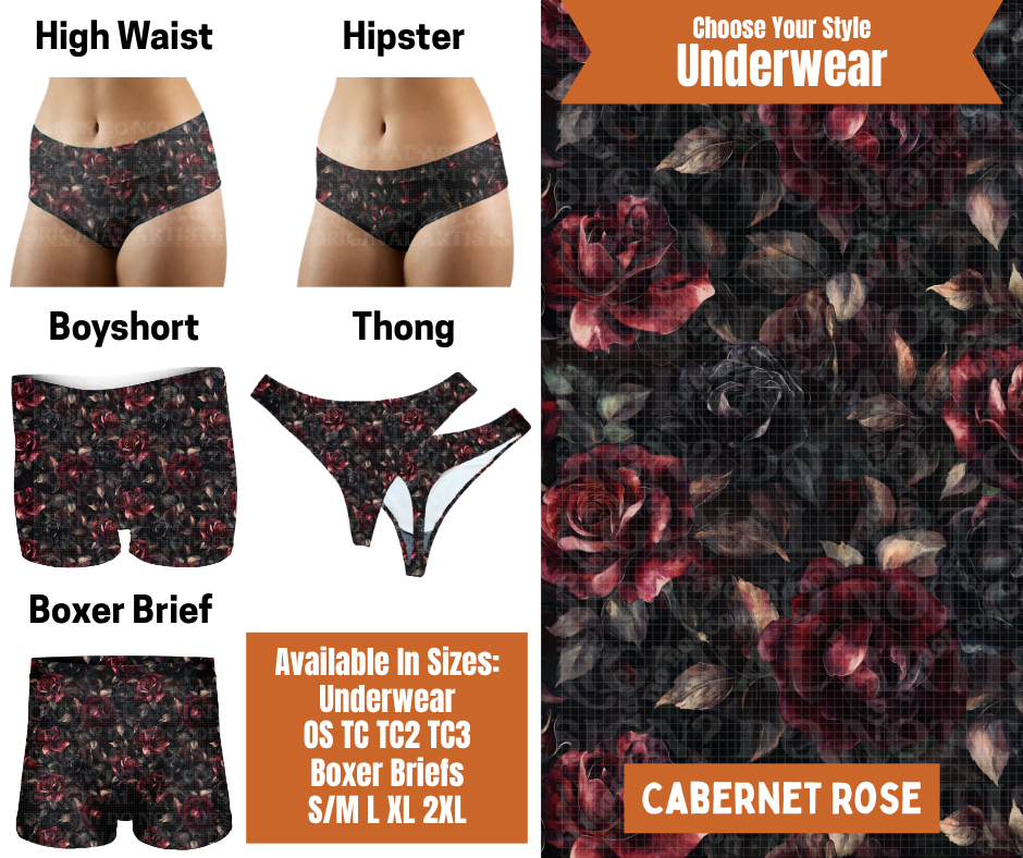 Preorder! Closes 7/30. ETA Oct. Cabernet Rose Hipster, High Waist, Boyshort, & Thong Underwear & Boxer Briefs