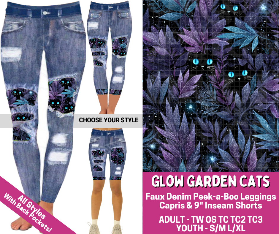 Preorder! Closes 6/18. ETA Sept. Glow Garden Cats Combo Faux Denim Peekaboo Legging Lengths