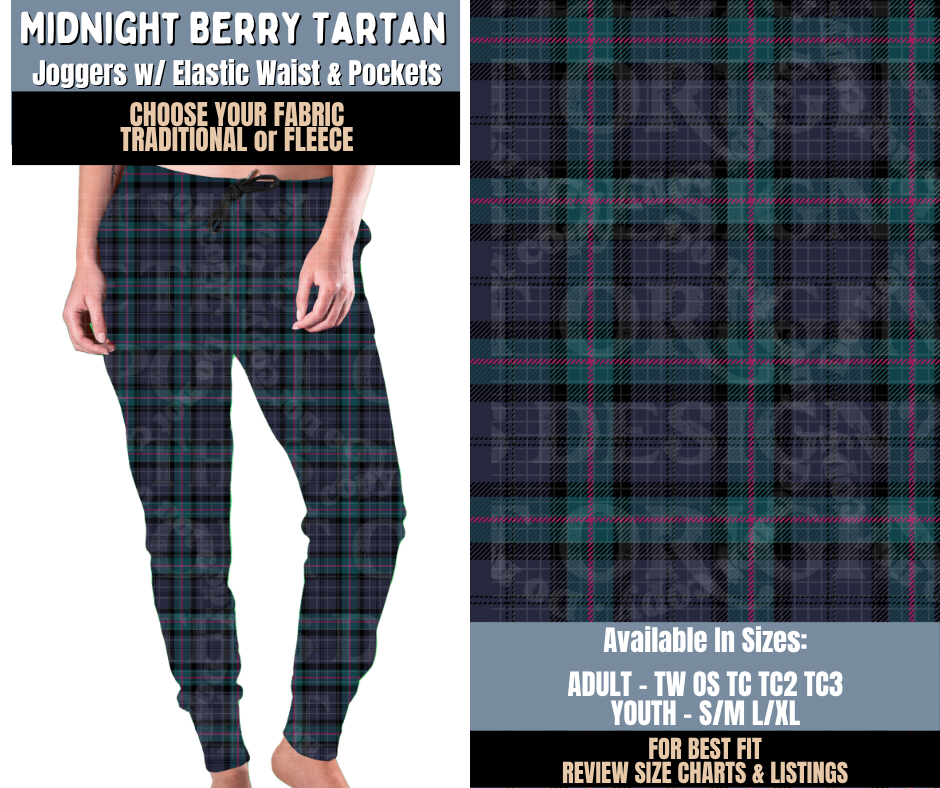 Preorder! Closes 9/24. ETA Dec. Midnight Berry Tartan Joggers Choose Fleece or Traditional
