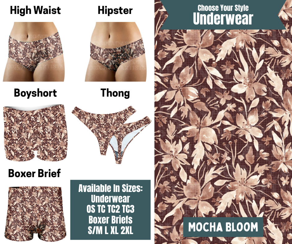 Preorder! Closes 9/30. ETA Dec. Mocha Bloom Hipster, High Waist, Boyshort, & Thong Underwear & Boxer Briefs