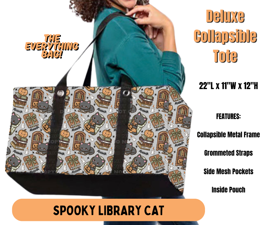Preorder! Closes 7/2. ETA Oct. Spooky Library Cat Collapsible Tote
