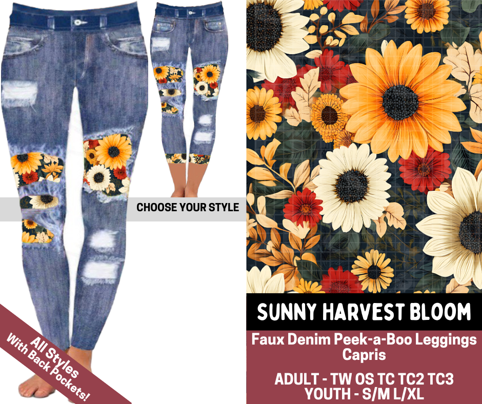 Preorder! Closes 7/23. ETA Oct. Sunny Harvest Bloom Combo Faux Denim Peekaboo Legging Lengths
