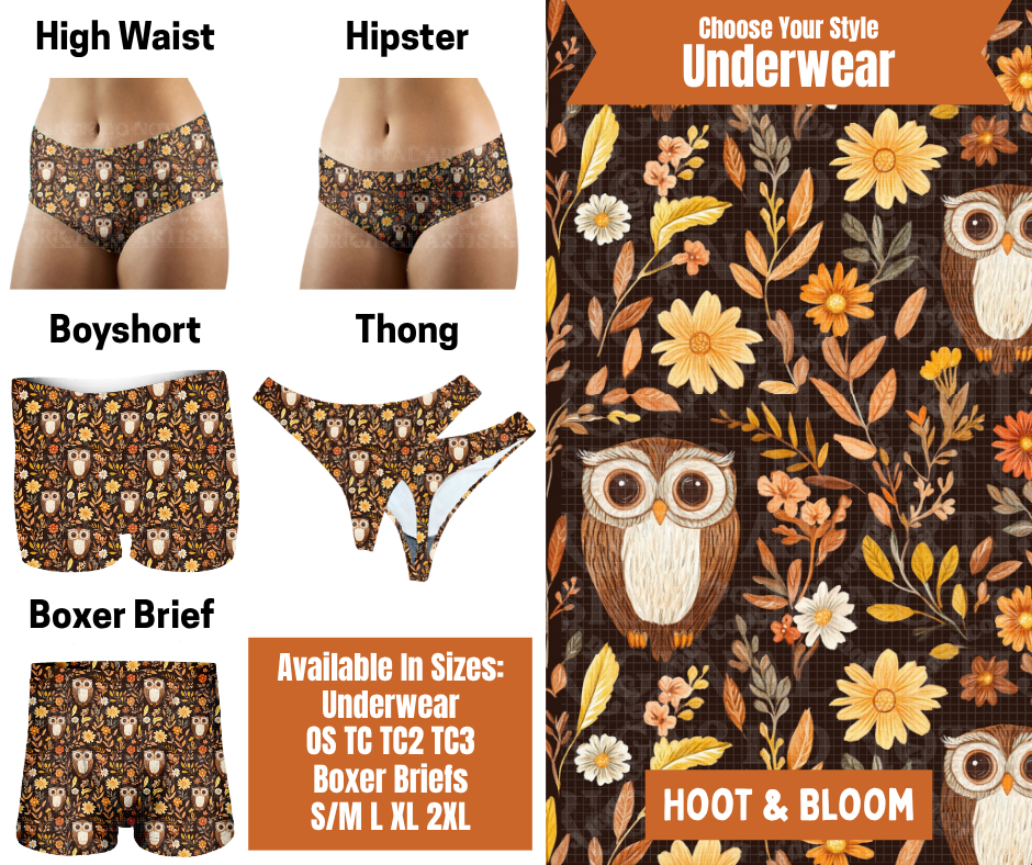 Preorder! Closes 7/30. ETA Oct. Hoot & Bloom Hipster, High Waist, Boyshort, & Thong Underwear & Boxer Briefs