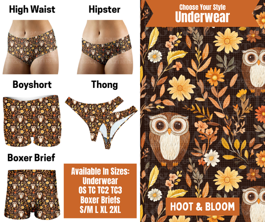 Preorder! Closes 7/30. ETA Oct. Hoot & Bloom Hipster, High Waist, Boyshort, & Thong Underwear & Boxer Briefs