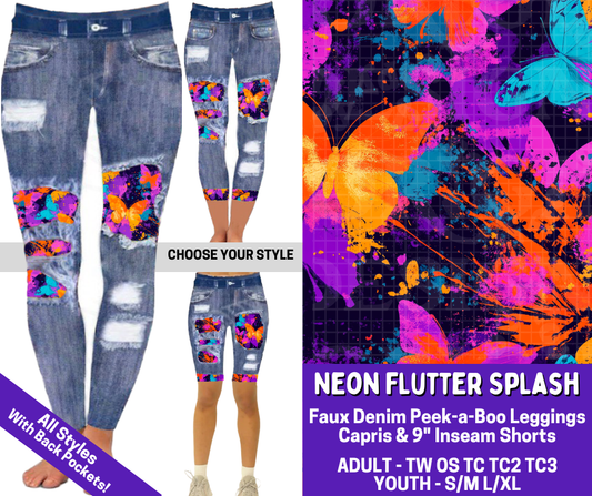 Preorder! Closes 4/9. ETA June. Neon Flutter Splash Combo Faux Denim Peekaboo Legging Lengths