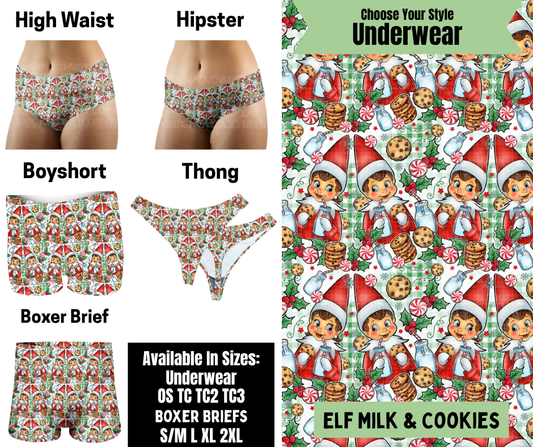 Preorder! Closes 8/25. ETA Nov. Elf Milk & Cookies Hipster, High Waist, Boyshort, & Thong Underwear & Boxer Briefs