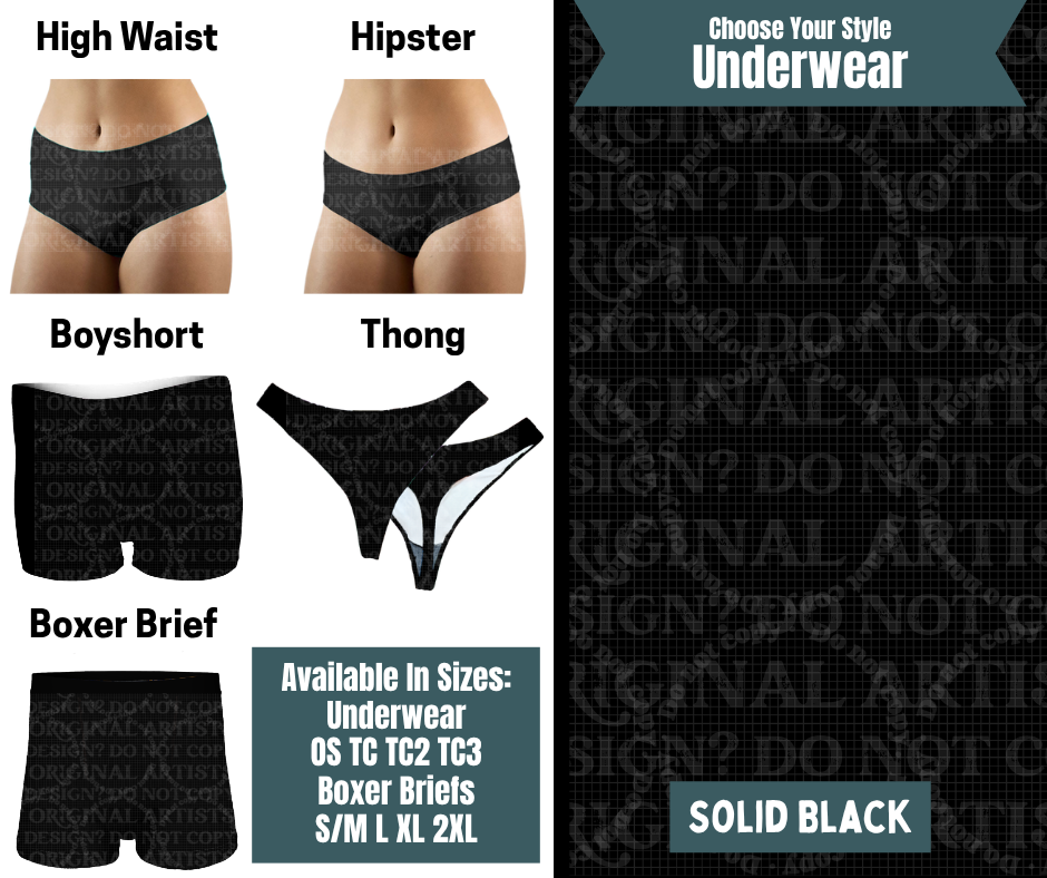Preorder! Closes 9/30. ETA Dec. Solid Black Hipster, High Waist, Boyshort, & Thong Underwear & Boxer Briefs