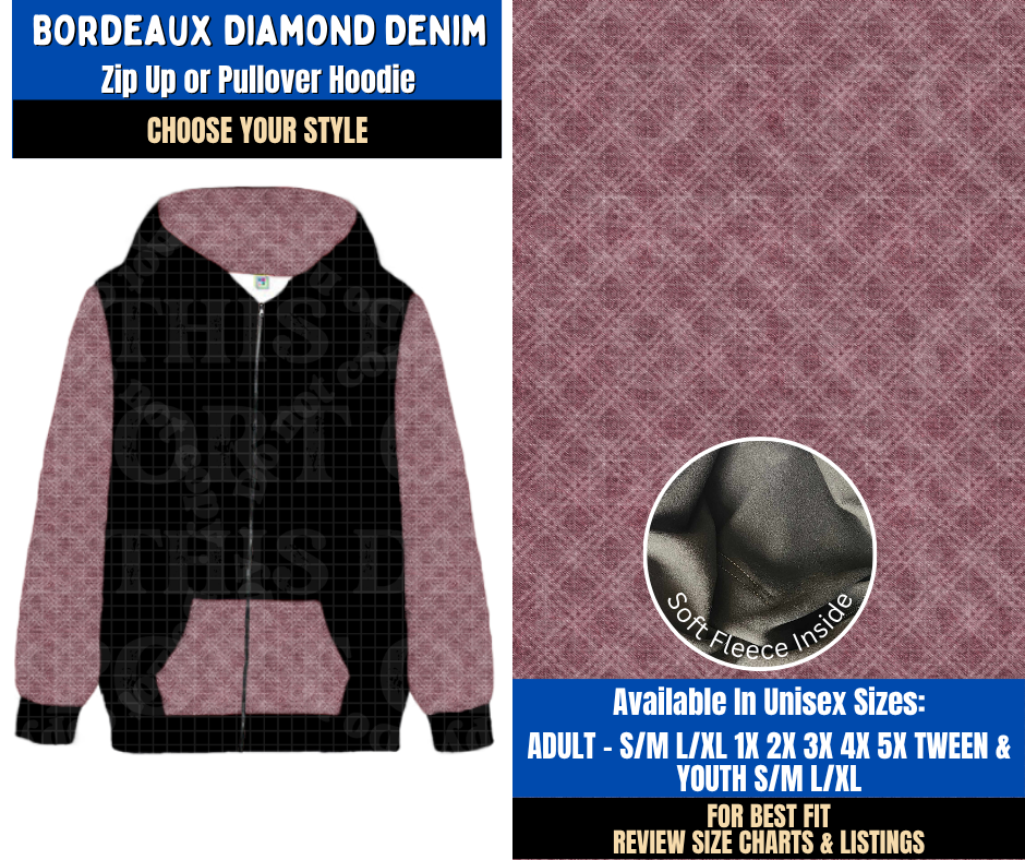 Preorder! Closes 9/16. ETA Dec. Bordeaux Diamond Denim Zip-Up or Pullover Hoodie