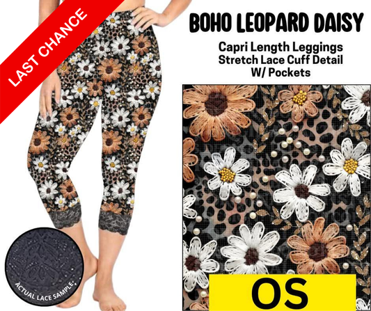Boho Leopard Daisy Lace Cuff Capris w/ Pockets
