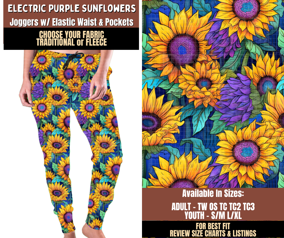 Preorder! Closes 7/27. ETA Oct. Electric Purple Sunflowers Joggers Choose Fleece or Traditional