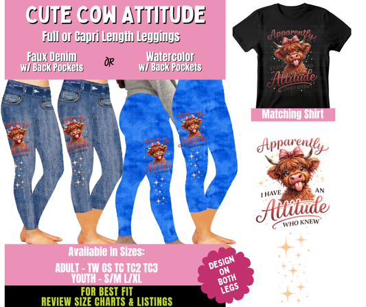 Preorder! Closes 4/23. ETA July. Cute Cow Attitude Combo Denim & Watercolor Side Designs Legging Lengths