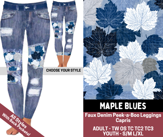Preorder! Closes 7/23. ETA Oct. Maple Blues Combo Faux Denim Peekaboo Legging Lengths