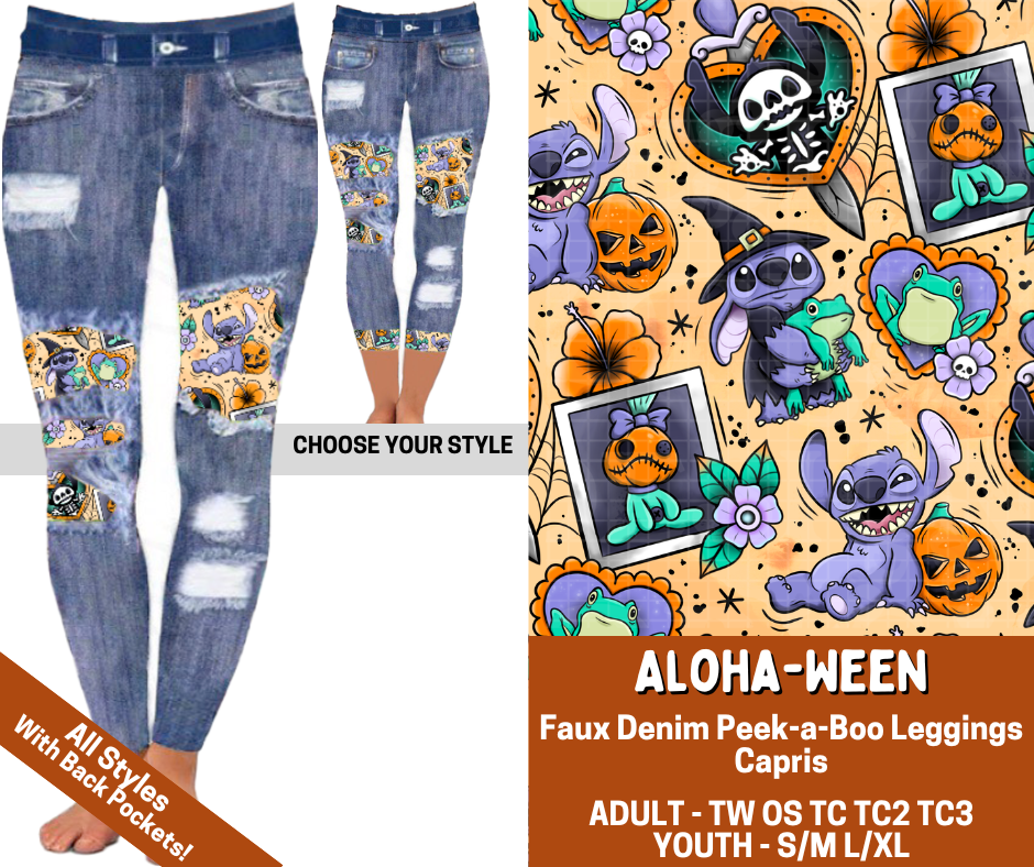 Preorder! Closes 7/13. ETA Oct. Aloha-ween Combo Faux Denim Peekaboo Legging Lengths